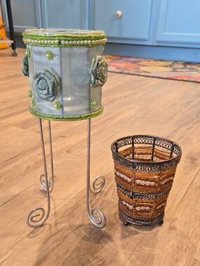 Sage Green Rose Beaded Candle Holder with Silver Stand And A Beaded Metal Holder